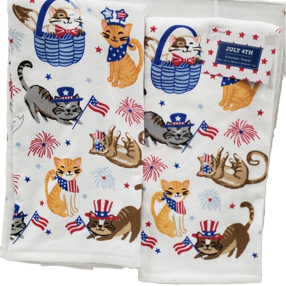 Set of 2 Same Printed Cotton Towels( 16"x26") PATRIOTIC CATS & AMERICAN FLAGS,MI